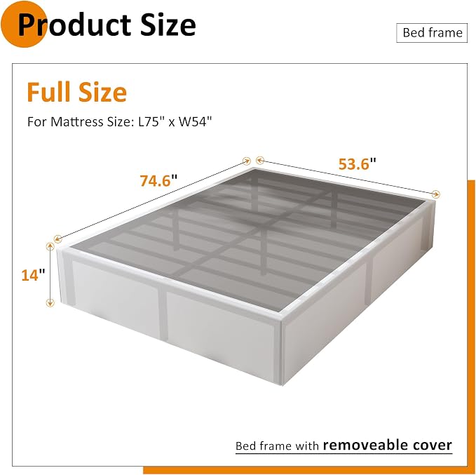 Maenizi 14 Inch Full Bed Frame with White Fabric Cover, Heavy Duty Metal Bed Frame Full, No Box Spring Needed, Support Up to 3000 lbs, Easy Assembly, Noise Free, Black