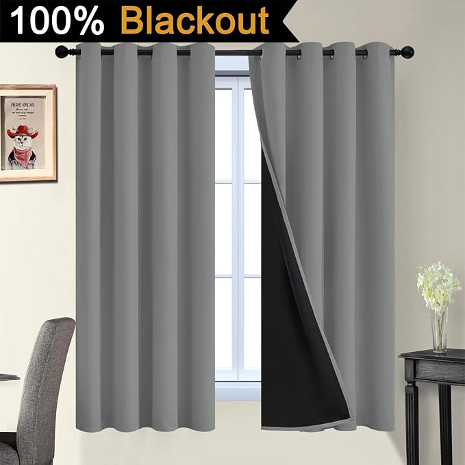 Yakamok Dove Grey 100% Blackout Curtains 63 Inches Long 52" Wide 2 Panel | Blackout Curtain Panels for Bedroom, 2 Thick Layers Grommet Top Thermal Insulated Drapes with Black Liner for Living Room