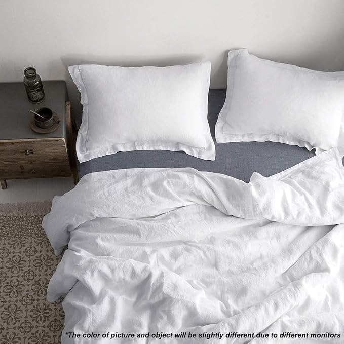 Simple&Opulence 100% French Flax Linen Duvet Cover Set with Embroidery Washed - 3 Pieces (1 Duvet Cover with 2 Pillow Shams) with Button Closure Soft Breathable Farmhouse - White, King Size