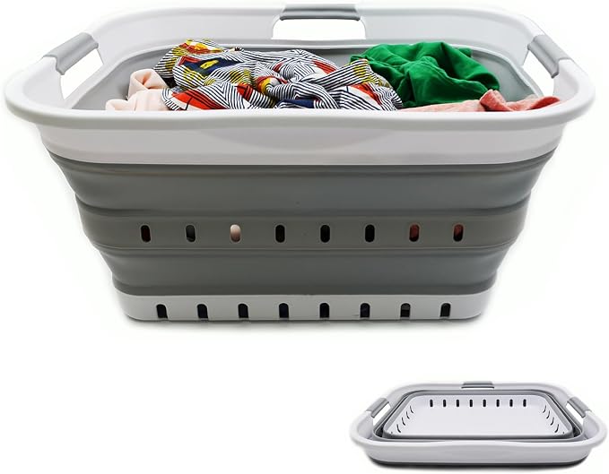 SAMMART 42L (11 gallon) Collapsible Plastic Laundry Basket - Foldable Pop Up Storage Container/Organizer - Space Saving Hamper/Basket (1, White/Grey)