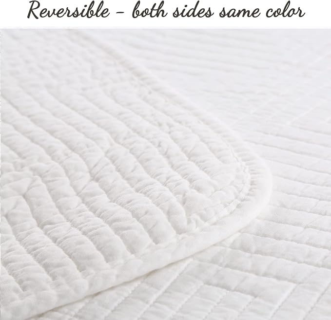Cozy Line Home Fashions 100% Cotton Square Check Stitch Solid White Quilt Bedding Set, Bedspread Coverlet Lightweight for All Seasons (Maze - White, King - 3 piece)