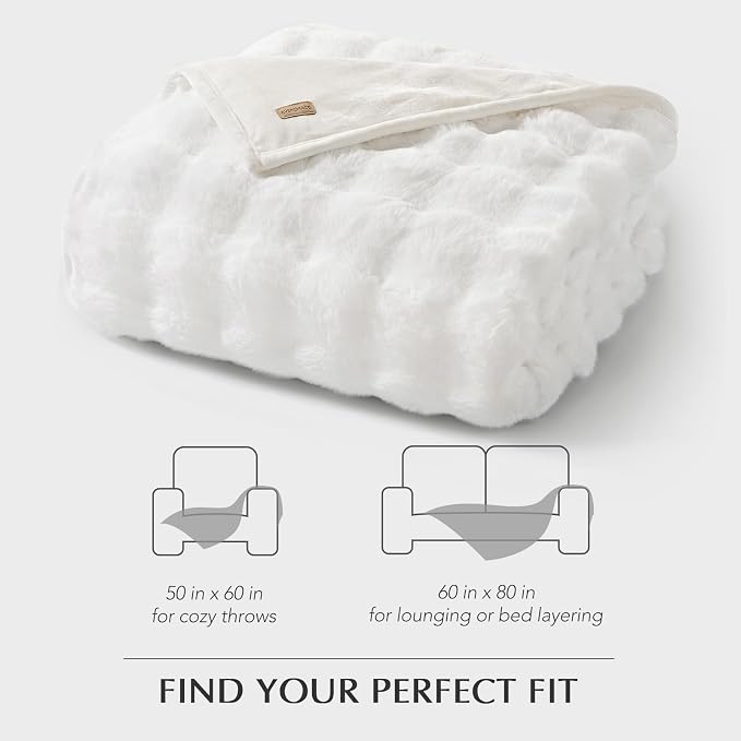 EverGrace Faux Rabbit Fur Bubble Throw Blanket, 50"x60", Bright White | Ultra Soft, Luxury Faux Rabbit Fur Throw, Thick Warm Bubble Blanket, Cozy Fluffy Reversible, for Bed, Couch, Chair, Sofa