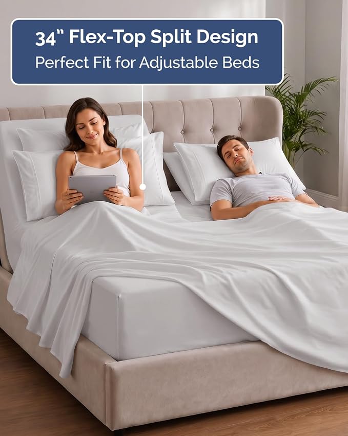 Extra Deep Flex Top Split Head King Sheet Set - 6 Piece Breathable and Cooling Sheets - Hotel Luxury Bedding for Women, Men, Kids & Teens - Easy Secure Fit - Extra Deep Pockets - French Grey