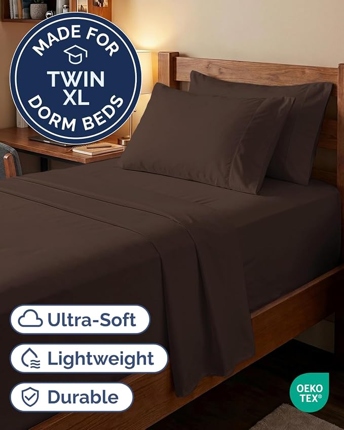 Extra Deep Twin XL Sheet Set - 4 Piece College Dorm Room - Brown | College Dorm Room Essentials, Easy & Secure Fit, Ultra-Soft, Wrinkle & Fade Free, Comfy Sheets Set with Extra Deep Pockets