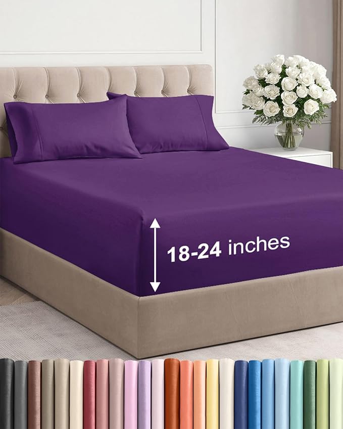 Extra Deep Twin Sheet Set - 4 Piece Breathable and Cooling Sheets - Purple | Hotel Luxury Bed Sheets Set, Easy & Secure Fit, Ultra-Soft, Wrinkle & Fade Free, Comfy Sheets Set with Extra Deep Pockets