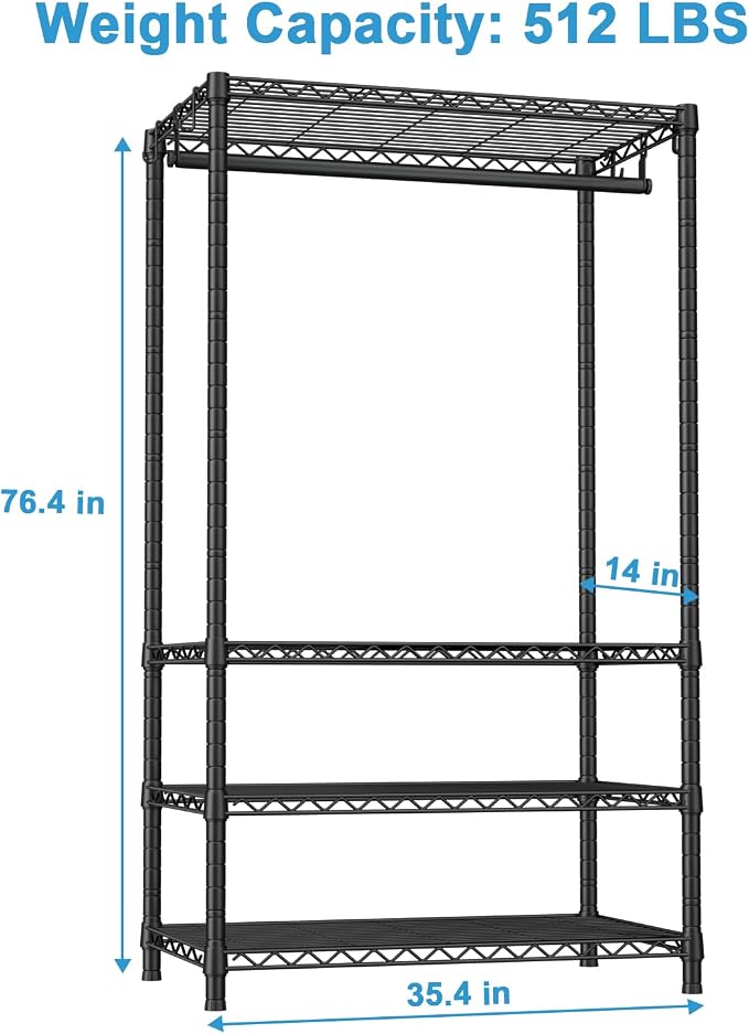 Ulif H4 Portable Closets, 4-Tier Metal Clothes Garment Rack for Bedroom and Cloakroom, Clothing Closet Storage and Organizer Wardrobe, 35.4" W x 14" D x 76.4" H, Black | Black Freestanding Clothing Closet Storage and Organizer Wardrobe for Apartment an...