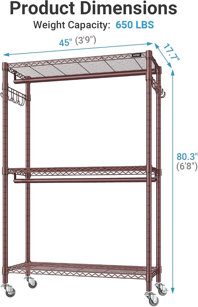 VIPEK R2 Plus Heavy Duty Clothing Rack Rolling Closet for Hanging Clothes | Lockable Silent Wheels, Double Hanging Rods, Adjustable Wire Shelving, Metal Side Hooks, Load 650lbs, for Entryway, Bronze