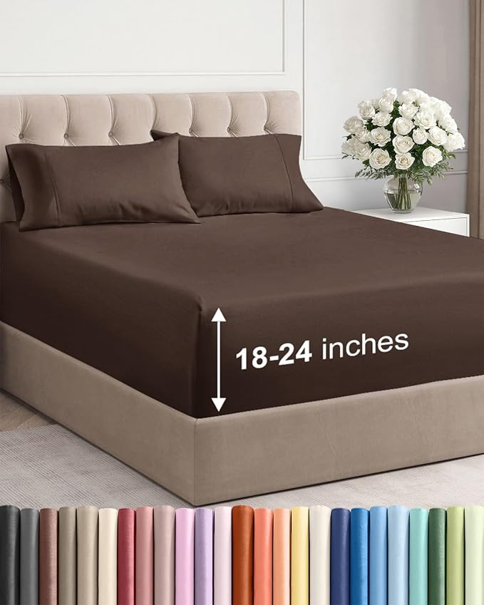 Extra Deep King Sheet Set - 4 Piece Breathable & Cooling Bed Sheets - Brown | Easily Fits 18 to 24 inch Mattress - Ultra Soft, Wrinkle & Fade Free with Extra Deep Pockets - Comfy Hotel Luxury Bedding