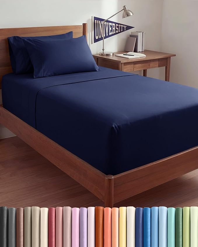 Extra Deep Twin XL Sheet Set - 4 Piece College Dorm Room - Navy Blue | College Dorm Room Essentials, Easy & Secure Fit, Ultra-Soft, Wrinkle & Fade Free, Comfy Sheets Set with Extra Deep Pockets