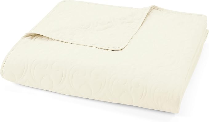 Merit Linens Classic Quilt Coverlet Soft Set in Damask Stitching - Twin/TwinXL Ivory