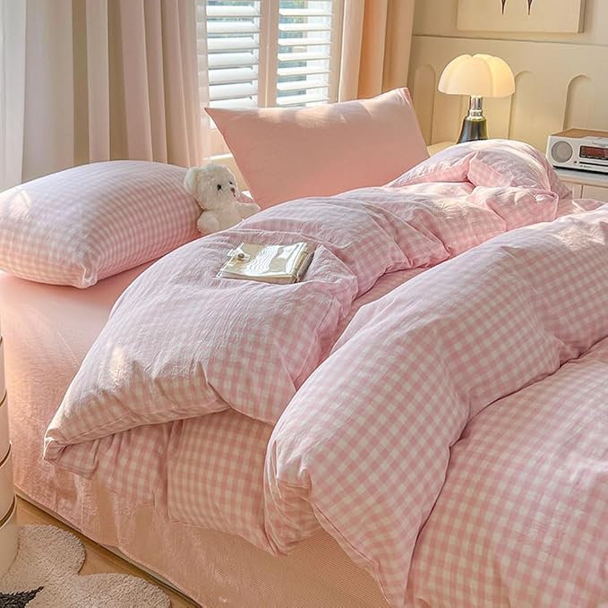 Nayoroom Gingham Duvet Cover Set Queen Pink White Plaid Checkered Bedding | Soft Breathable Washed Microfiber, All-Season Comfort, Hidden Zipper, 4 Corner Ties, Coquette Modern Farmhouse, Dorm Bedding
