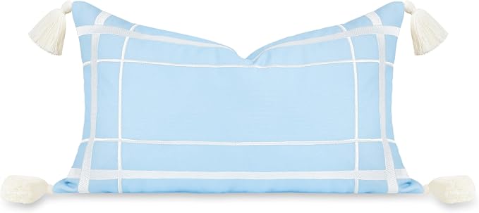 Hofdeco Premium Coastal Patio Indoor Outdoor Lumbar Pillow Cover Only, 12"x20" Water Repellent for Backyard, Couch, Baby Blue Embroidered Line Frame