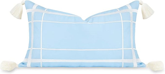 Hofdeco Premium Coastal Patio Indoor Outdoor Lumbar Pillow Cover Only, 12"x20" Water Repellent for Backyard, Couch, Baby Blue Embroidered Line Frame