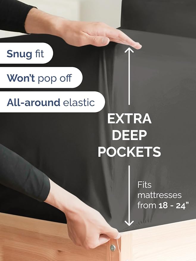 Extra Deep Cal King Fitted Sheet - Single Fitted Sheet Only - Charcoal | Easily Fits 18 inch to 24 inch Mattress, Soft, Wrinkle Free, Breathable & Comfy, Extra Deep Pockets Hotel Luxury Fitted Sheet