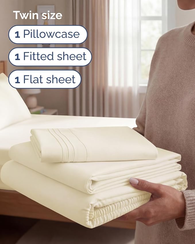 Twin Size 3 Piece Sheet Set - Comfy Breathable & Cooling Sheets - Off White | Hotel Luxury Bed Sheets for Women & Men, Deep Pockets, Easy-Fit, Extra Soft and Wrinkle Free Sheets, Oeko-Tex Bed Sheet Set