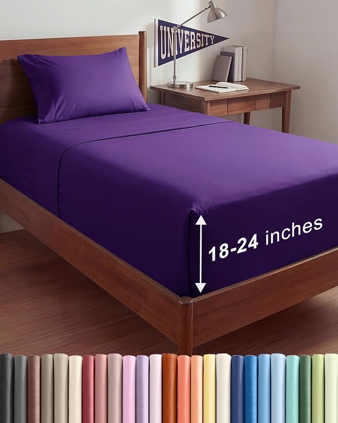 Extra Deep Twin XL Sheet Set - 3 Piece College Dorm Room - Purple | Soft, Breathable & Cooling, Easily Fits 18 to 24 inch Mattress, Wrinkle Free & Fade Resistant with Extra Deep Pockets
