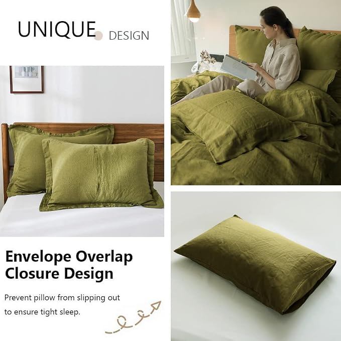 Simple&Opulence 100% Washed Linen Duvet Cover Set 5pcs(1 Duvet Cover& 2 Shams& 2 Pillowcases) Basic Style Natural French Flax Soft Breathable Farmhouse Bedding (Queen, Olive Green)