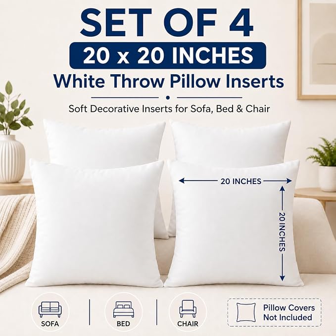Calibrate Timing 20 x 20 inches Pillow Inserts, Set of 4 Hypoallergenic Brushed Microfiber Liner Down Alternative Filled Square Cushion Throw Pillow