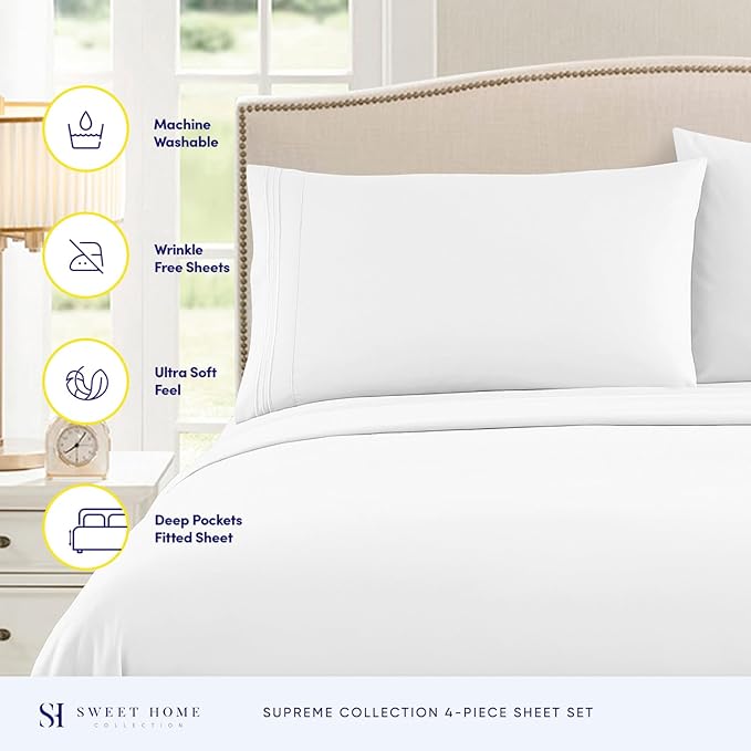 King Size Sheets - Breathable Luxury Bed Sheets with Full Elastic & Secure Corner Straps Built In - 1800 Supreme Collection Extra Soft Deep Pocket Bedding Set, Sheet Set, King, White
