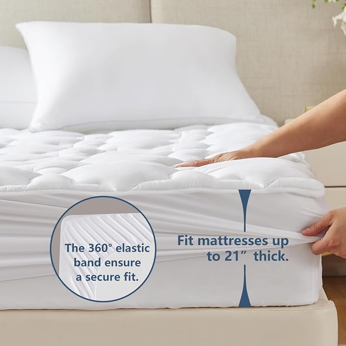 CozyLux Queen Mattress Pad, 450GSM Quilted Cooling Cotton Top Mattress Topper, Extra Deep Pocket Fits 8-21 inches, Oeko-TEX Certified, Plush Soft & Breathable Bed Pad (60"x80", White) (Pack of 2)