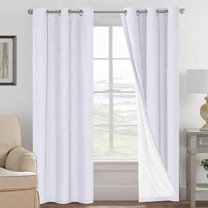 H.VERSAILTEX Primitive Polyester and Acrylic Curtains 100% Blackout Curtain Drapes Burlap Curtains with White Thermal Insulated Liner, Grommet Top Drapes (2 Panels, 42 x 84 Inch, Bright White)