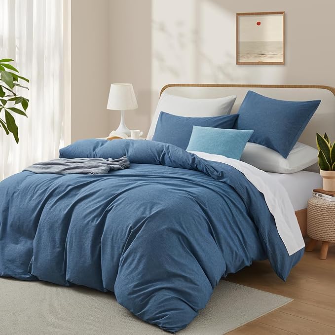 LOVQUE 100% Washed Cotton Duvet Cover, Denim Blue, Queen Size, 90x90 Inches | Breathable, Linen-like, Natural Bedding Set with Zipper Closure, Corner Ties, 1 Cover + 2 Pillowcases, No Comforter