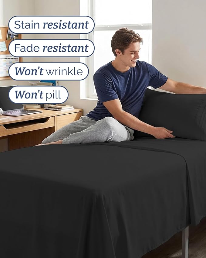 Twin XL 3 Piece Sheet Set - College Dorm Room Essentials - Black | Deep Pocket Bed Sheets for Women, Men, Teens & Students, Soft, Cooling, Breathable & Wrinkle Free, Oeko-Tex Bed Sheet Set