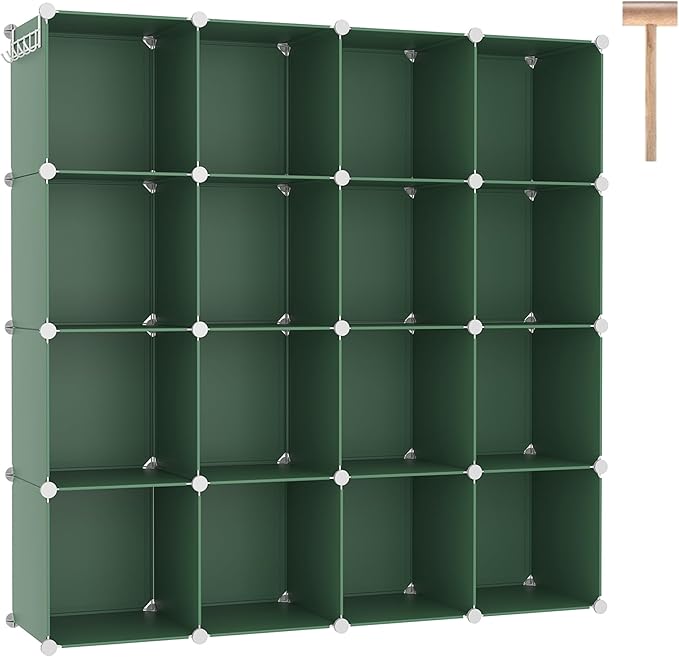 C&AHOME 16 Cube Storage Organizer Cube Shelf Units Storage Cubes, Green | Plastic DIY Closet Organizer, Stackble Modular Closet Storage Shelves Ideal for Home, Bedroom, 48.4" L × 12.4" W × 48.4" H