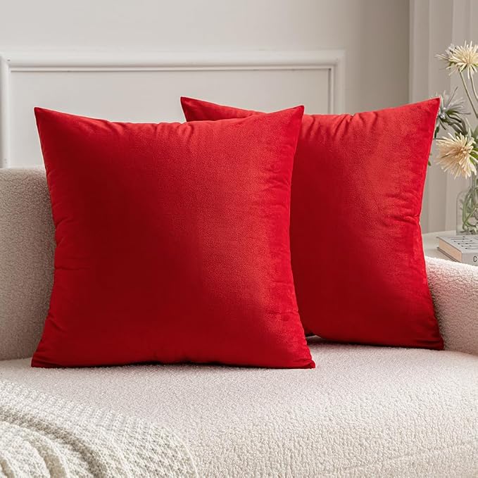 MIULEE Velvet Throw Pillow Covers 20x20 Inch Pack of 2 Bright Red | Soft Solid Decorative Pillow Covers, Modern Luxury Home Decor, for Couch Chair Sofa Bedroom Livingroom