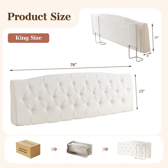 Vamcheer King Upholstered Headboard Cream, No Assembly | Ideal for King Bed; High-density Foam; Adjustable Height; Provides Soft Support; Luxury Texture Fabric