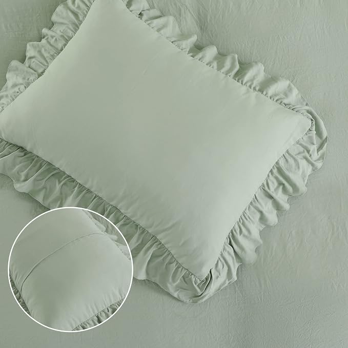 CAROMIO Ruffle Duvet Cover King Size, 3PCS Soft Washed Microfiber Vintage French Country Duvet Cover Set with Button Closure, Sage Green, 104x90 in