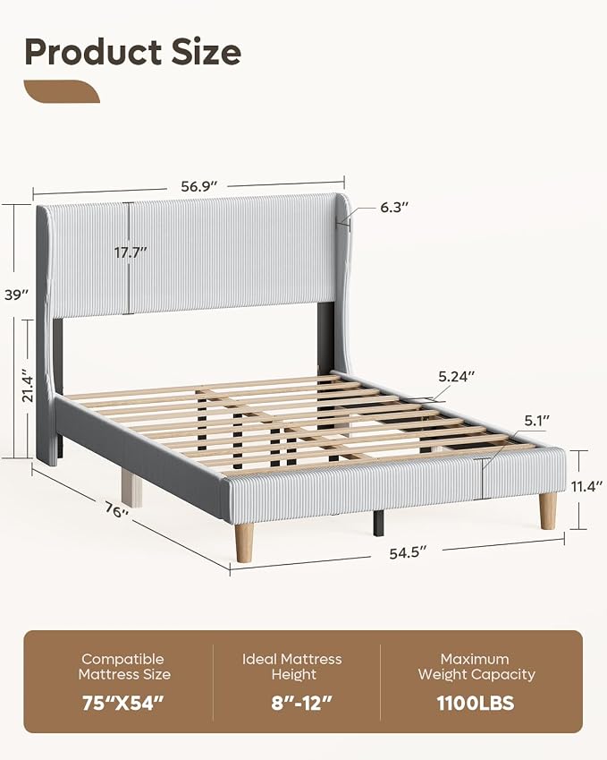 Bestier Full Bed Frame with Wingback Headboard,Upholstered,Light Grey | Vertical Channel Corduroy Upholstered,Easy Assembly,Wingback Headboard,No Squeaks,Wooden Slats Support,No Box Spring Needed