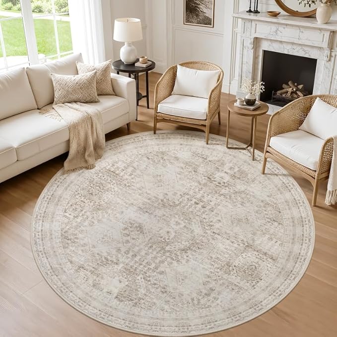 Round Area Rug Living Room: 8ft Neutral Washable Carpet Rug Brown | Vintage Boho Circle Soft Large Circular Carpet Bedroom Nursery Farmhouse Dining Room Indoor Decor Floor Non-Slip Under Table
