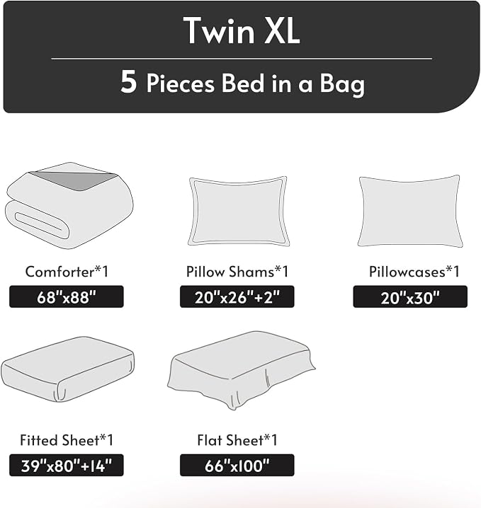 5 Pieces Twin XL Comforter Set, Reversible Bed in a Bag Twin XL Size, All Season Bedding Set with Comforter, Flat Sheet, Fitted Sheet, Pillowcases & Shams, Teal & Lake Blue