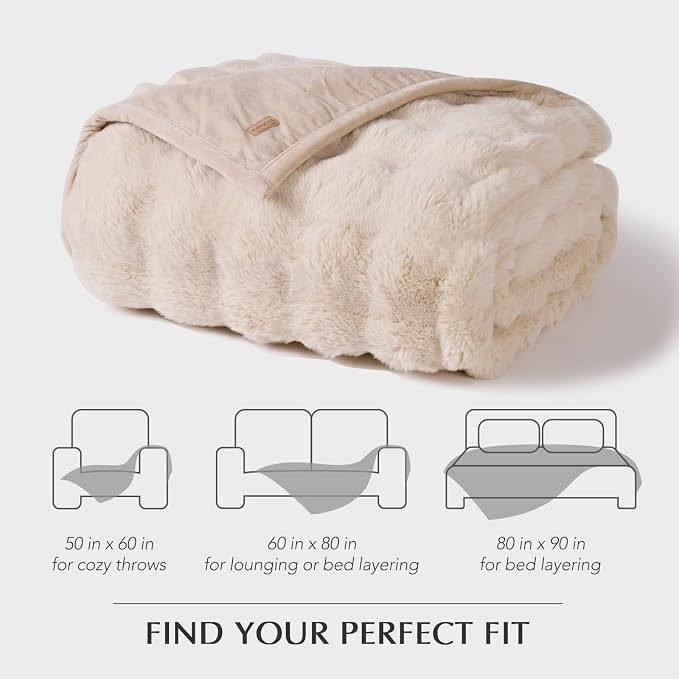 EverGrace Faux Rabbit Fur Bubble Throw Blanket, 50"x60", Cream | Ultra Soft, Luxury Faux Rabbit Fur Throw, Thick Warm Bubble Blanket, Cozy Fluffy Reversible, for Bed, Couch, Chair, Sofa