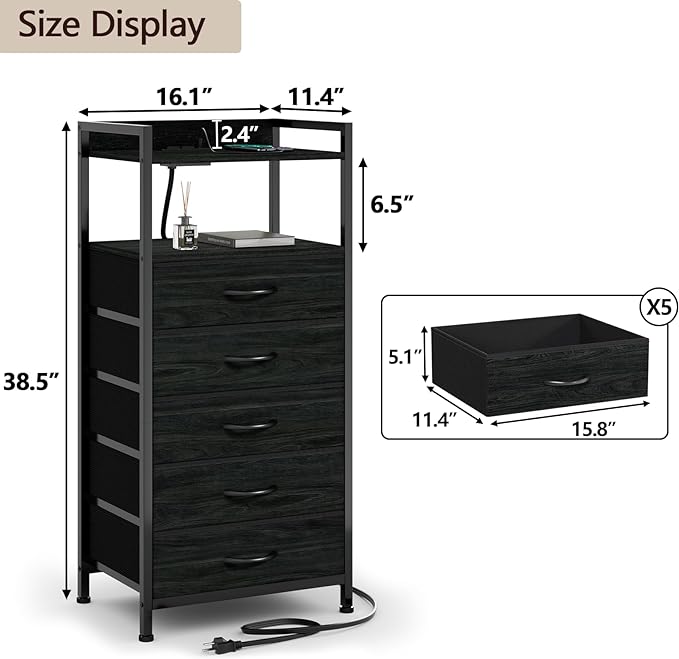 Furnulem Nightstand with Charging Station,LED,5 Drawers Dresser for Bedroom | Tall Bedside Table,Dorm Night stand with LED Light & Remote Control, Metal Frame and Fabric Bins,Wood Desk Top,Easy Assemble