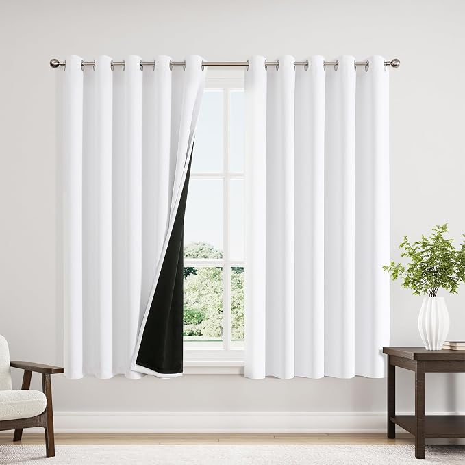 ChrisDowa White 100% Blackout Curtains for Bedroom 63 Inches Long 2 Panels | 2 Thick Layers, Thermal Insulated, Grommet, Window Treatment, Living Room Drapes with Black Liner, Pure White, 60 x 63 Inch