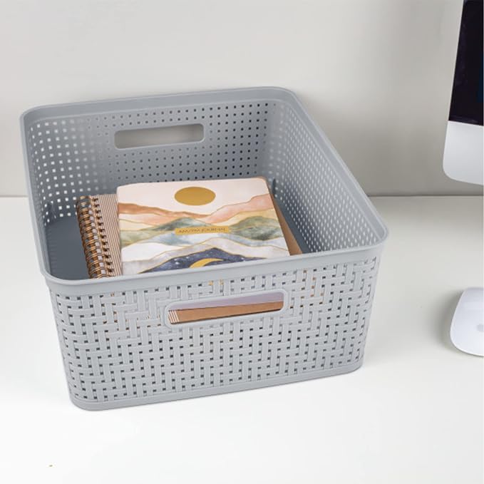 Sterilite 24 Pack Plastic Storage Bin Organization Containers, Short Baskets, Cement