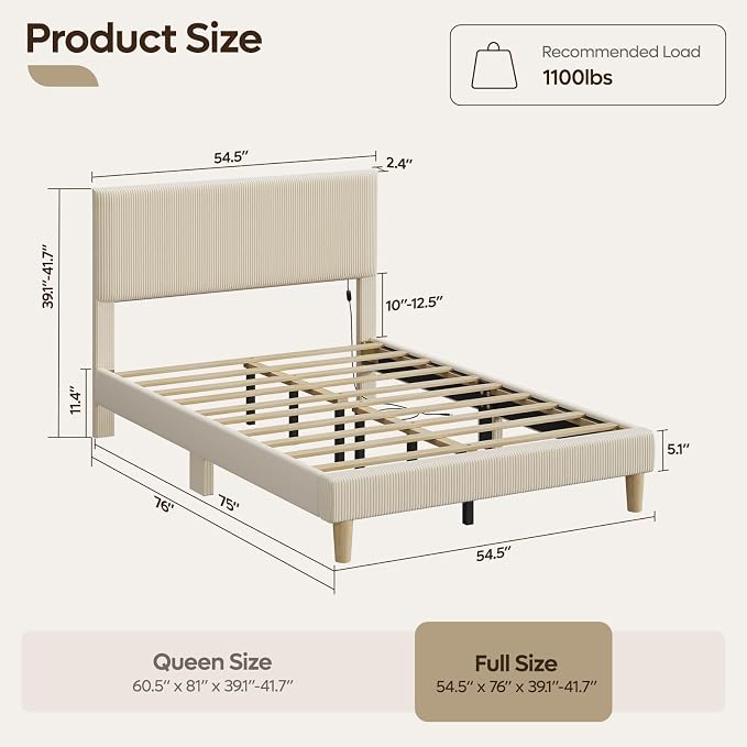 Bestier Full Bed Frame with Adjustable Headboard,LED Light,Beige | LED Lighting Headboard,Easy Assembly,No Squeaks,Vertical Channel Corduroy Upholstered,Wood Slats Support,No Box Spring Needed