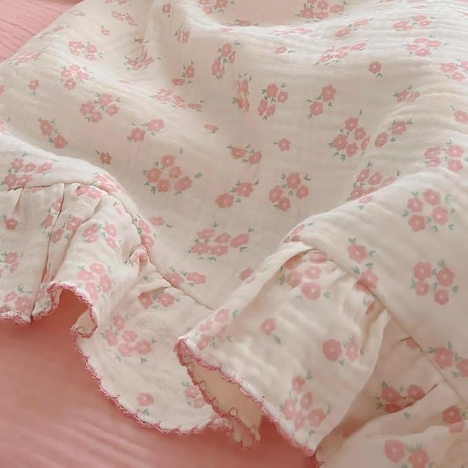 Girls Baby Duvet Cover Pink Flower Duvet Covers Muslin Cotton Toddler Kids Duvet Cover Quilted Protector, 47"x59", Galsang Print (No Filling)