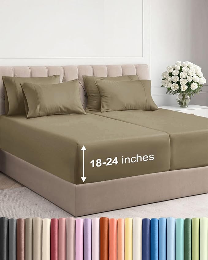 Extra Deep Split King Sheet Set - 7 Piece Breathable Cooling Sheets - Khaki | Hotel Luxury Bed Sheets Set, Easy & Secure Fit, Ultra-Soft, Wrinkle & Fade Free, Comfy Sheets Set with Extra Deep Pockets