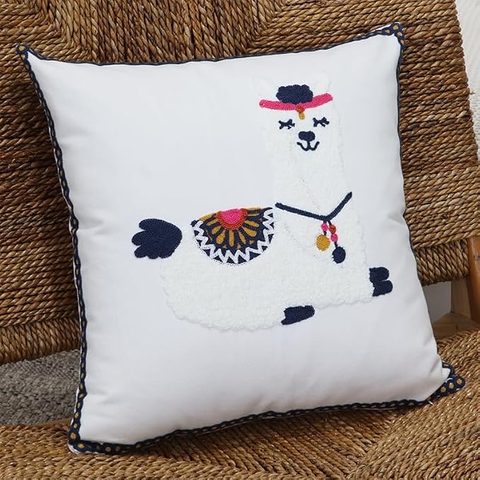 Pack of 2 Embroidered Decorative Throw Pillow Cover 18x18 Inch Farmhouse Floral Pillowcase for Living Room Sofa Bed (Cute Llama)