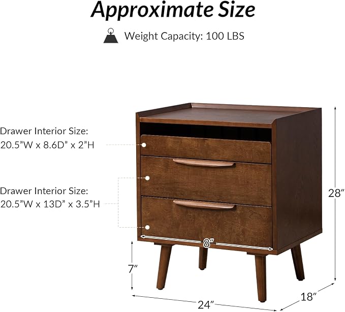 HULALA HOME 2-Drawer End Table with Charge Station, Walnut | Mid-Century Modern Style, Pull-Out Shelf, Wood Legs, Cable Management