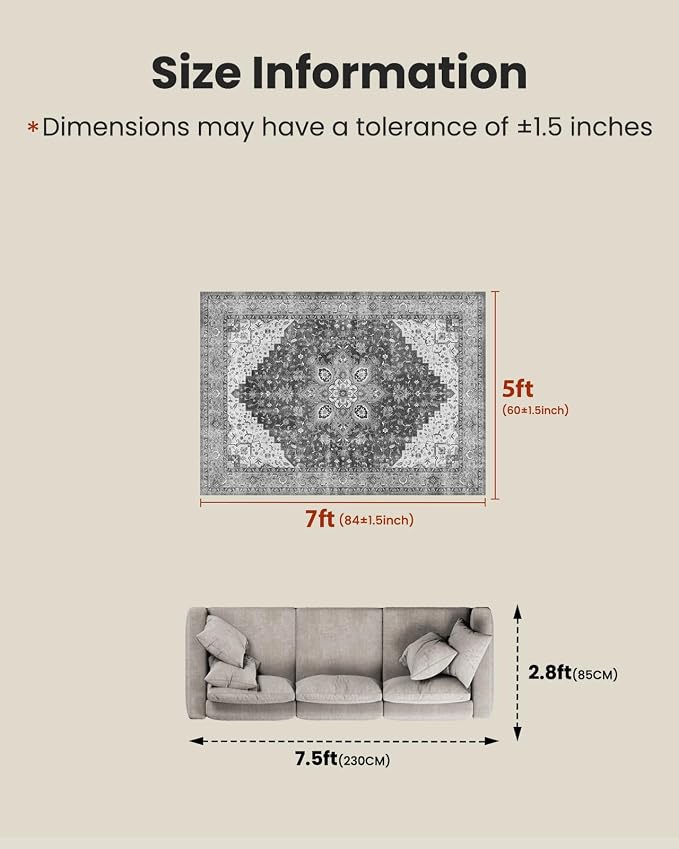 AMADA HOMEFURNISHING 5x7 Area Rugs, Washable Living Room Rug Low-Profile with Non-Slip Backing & Durable Edge Binding, Vintage 5x7 Rugs for Living Room, Bedroom, Dinning Room