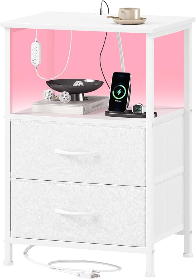 Somdot Nightstand with 2 Drawers, Charging Station & LED Light | Fabric-Bin Dresser for Bedroom, Bedside, Kids Room, Dorm, Closet, Laundry and Entryway, White