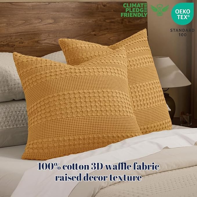 PHF 100% Cotton Waffle Weave Euro Sham Covers, 2 Pack 26" x 26" Bed Pillow Covers for Elegant Home Decor, No Filling, Luxury Aesthetic Soft Euro Pillow Cases for Bed, Pumpkin Orange