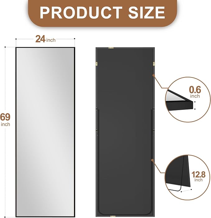 Full Length Mirror with Stand, 69x24 Black Floor Mirror | Aluminium alloy frame with HD float glass for distortion-free reflection. Free standing or wall mounted.