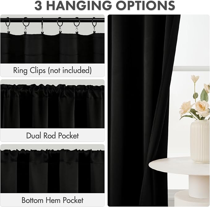 MIULEE 4-Panel 36 Inch Blackout Kitchen Tier Curtains Over Sink Black | Privacy Protection, Heat/Light Blocking, Cafe Curtains, Top&Bottom Rod Pocket, Suitable for Small Windows, Soft&Durable