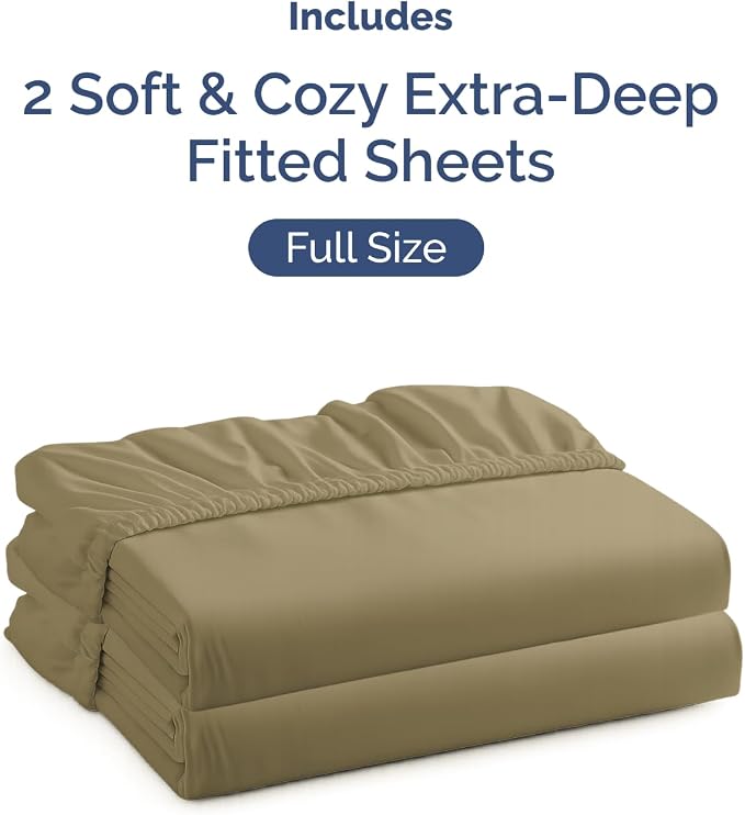 2 Pack Extra Deep Full Fitted Sheets with Extra Deep Pockets - Khaki | Hotel Luxury Bottom Fitted Sheets Only, Soft, Fade & Wrinkle Free, Breathable & Comfy, All Around Elastic Fitted Sheets