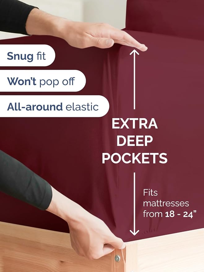 Extra Deep Full Fitted Sheet - Single Fitted Sheet Only - Burgundy | Easily Fits 18 inch to 24 inch Mattress, Soft, Wrinkle Free, Breathable & Comfy, Extra Deep Pockets Hotel Luxury Fitted Sheet